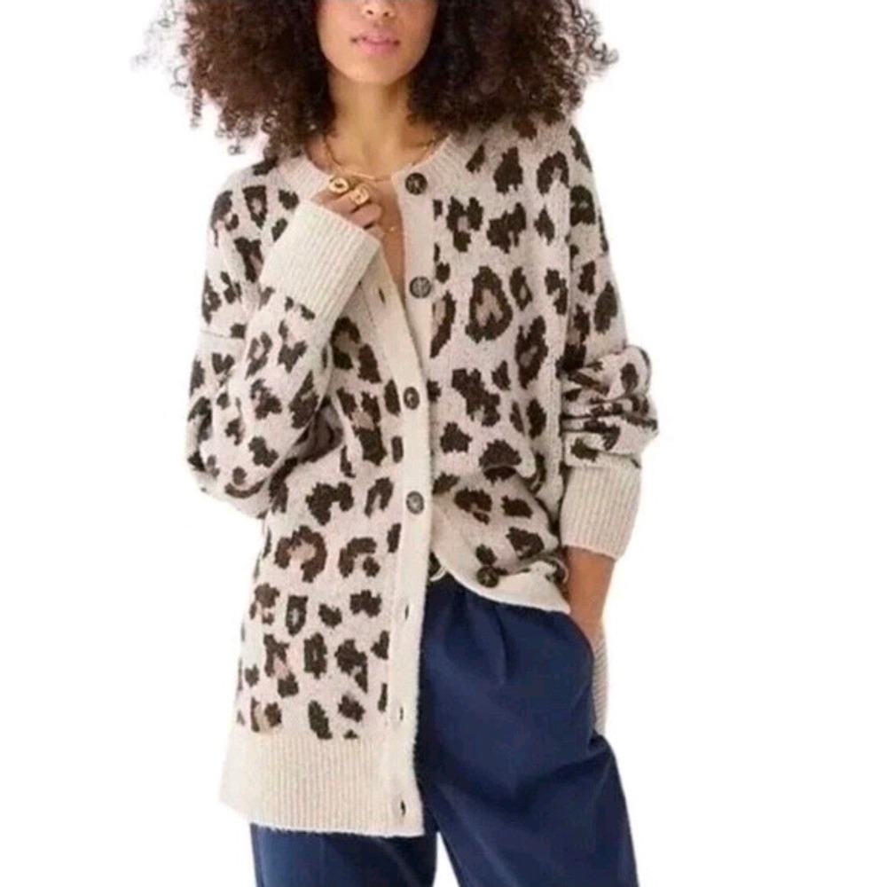 J.Crew Leopard Print Oversized Button Front Cardigan Sweater sz M Merino Alpaca